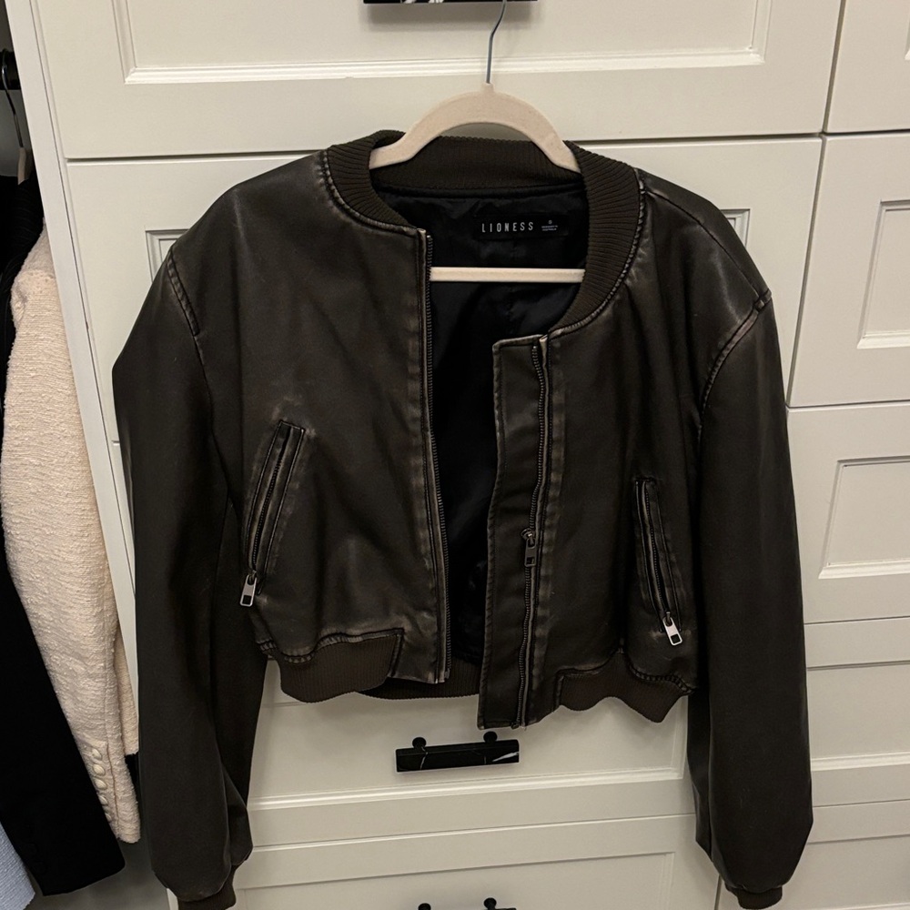 Lioness Women's Brown Bomber Jacket Cropped Leather Distressed